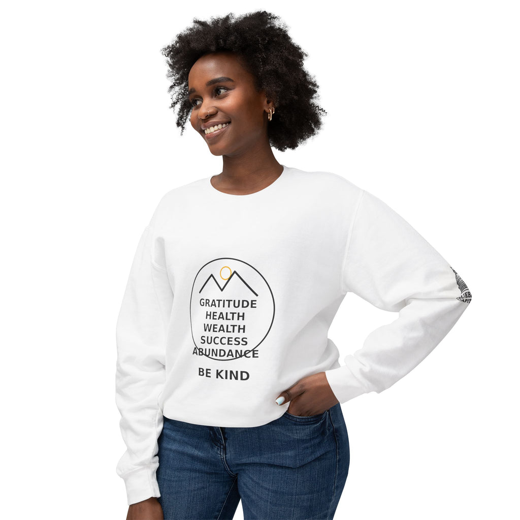 Gratitude Mountains Crewneck Sweatshirt — 'Gratitude Health Wealth Success Abundance Be Kind' Inspirational Pullover