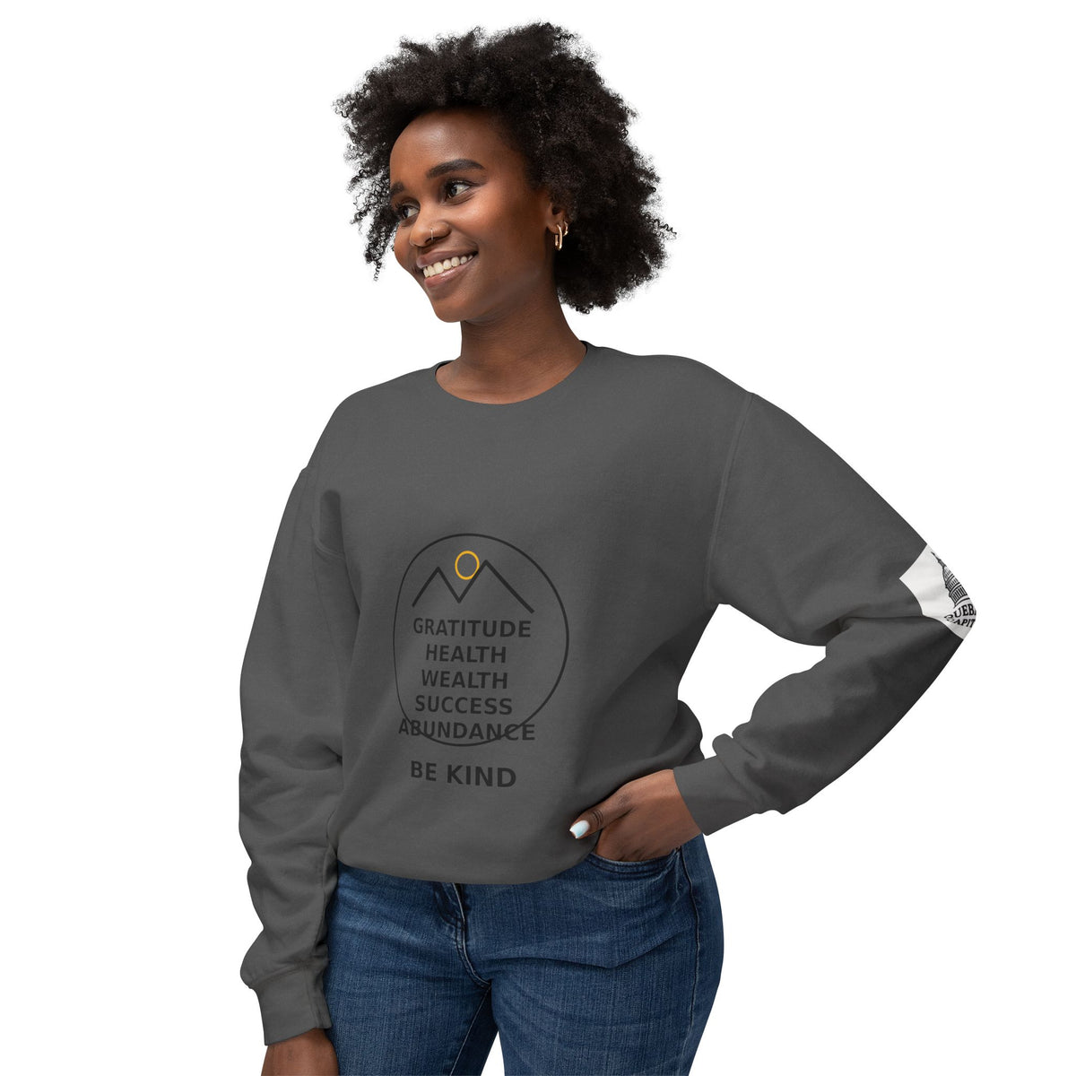 Gratitude Mountains Crewneck Sweatshirt — 'Gratitude Health Wealth Success Abundance Be Kind' Inspirational Pullover