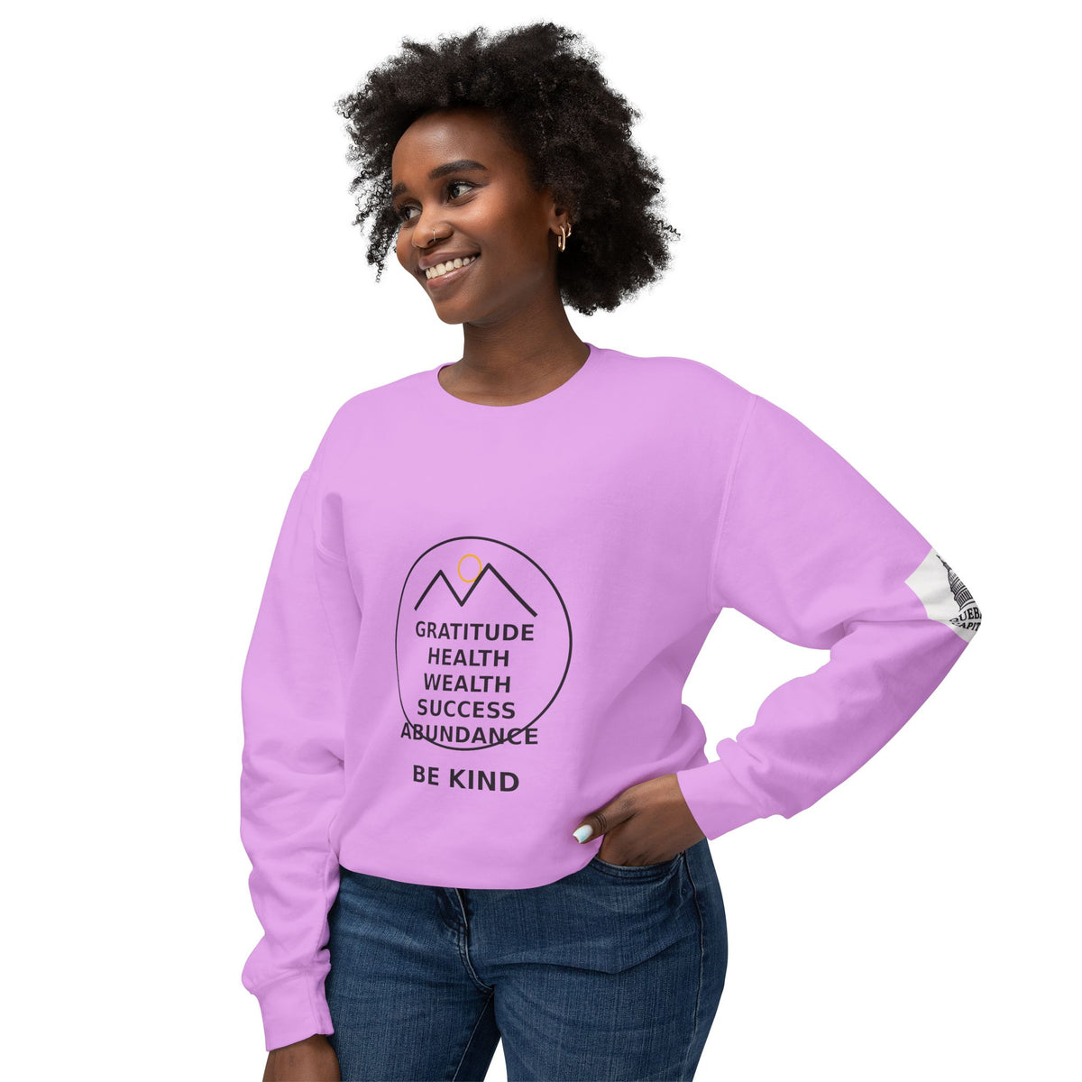 Gratitude Mountains Crewneck Sweatshirt — 'Gratitude Health Wealth Success Abundance Be Kind' Inspirational Pullover