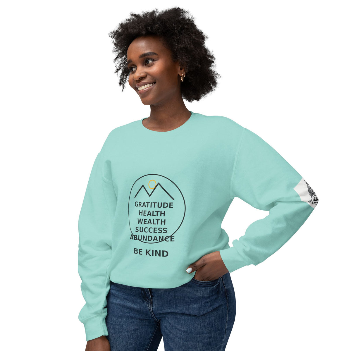 Gratitude Mountains Crewneck Sweatshirt — 'Gratitude Health Wealth Success Abundance Be Kind' Inspirational Pullover